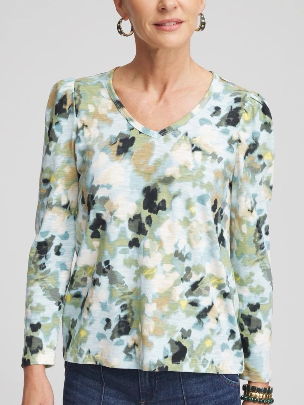 Chicos Printed Slub Puff V-Neck Long Sleeve Floral Top Green Cream Shirt Size XL